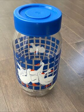 CARLTON GLASS 2L Blue Checkered Glass Goose Jar, Vintage Blue Lid Decor Storage
